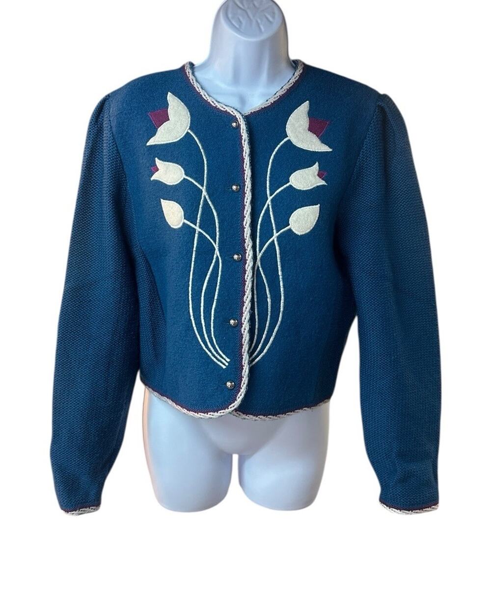 Deans of Scotland Embroidered Wool Cardigan Sweater Tulips Buttons Blue Size L